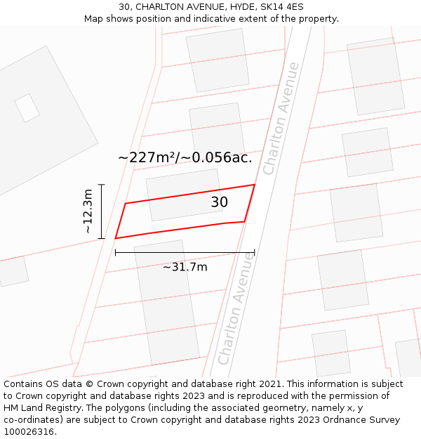 30, CHARLTON AVENUE, HYDE, SK14 4ES: Plot and title map