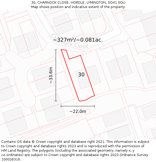 30, CHARNOCK CLOSE, HORDLE, LYMINGTON, SO41 0GU: Plot and title map