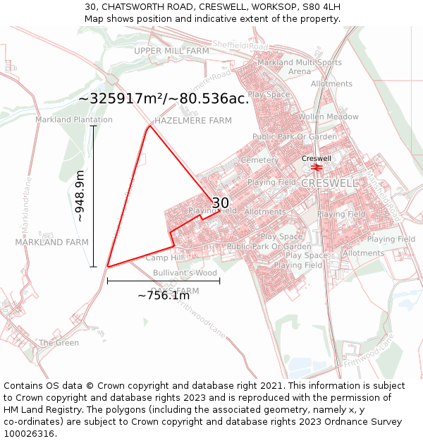 30, CHATSWORTH ROAD, CRESWELL, WORKSOP, S80 4LH: Plot and title map