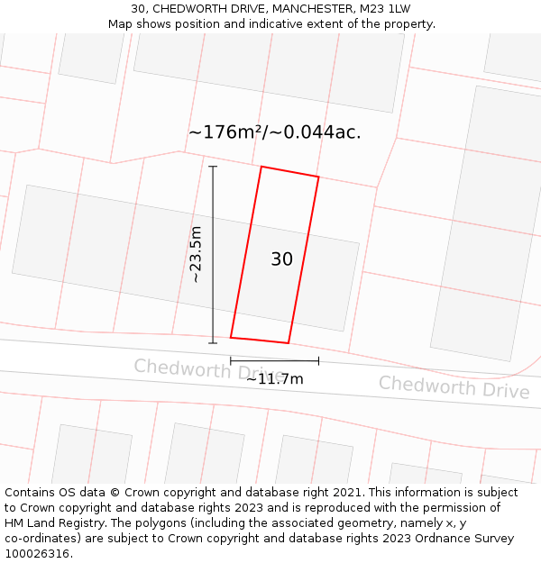 30, CHEDWORTH DRIVE, MANCHESTER, M23 1LW: Plot and title map