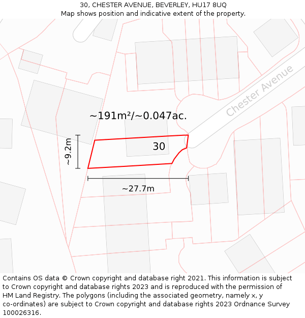 30, CHESTER AVENUE, BEVERLEY, HU17 8UQ: Plot and title map