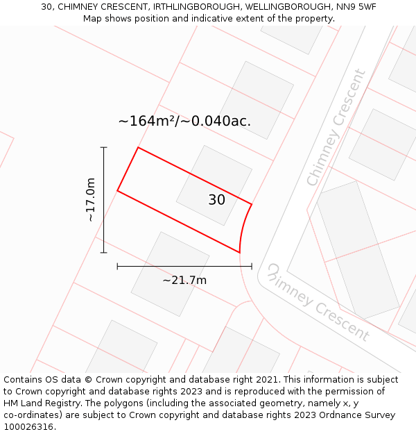 30, CHIMNEY CRESCENT, IRTHLINGBOROUGH, WELLINGBOROUGH, NN9 5WF: Plot and title map