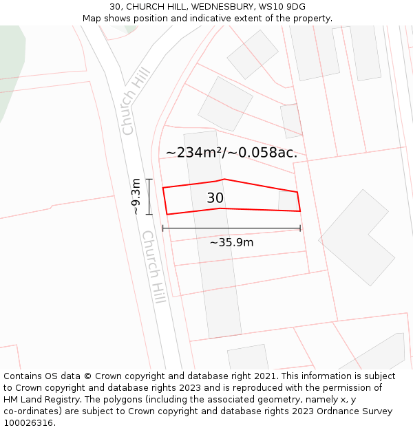 30, CHURCH HILL, WEDNESBURY, WS10 9DG: Plot and title map