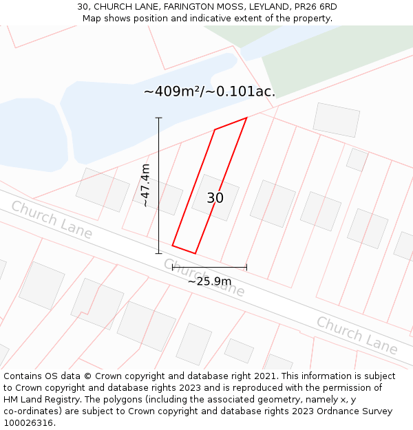 30, CHURCH LANE, FARINGTON MOSS, LEYLAND, PR26 6RD: Plot and title map