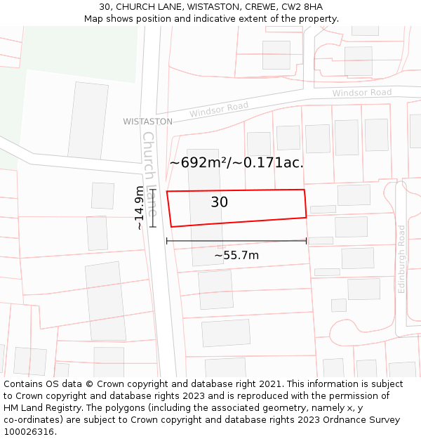 30, CHURCH LANE, WISTASTON, CREWE, CW2 8HA: Plot and title map