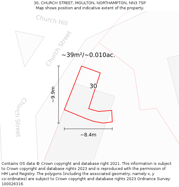 30, CHURCH STREET, MOULTON, NORTHAMPTON, NN3 7SP: Plot and title map
