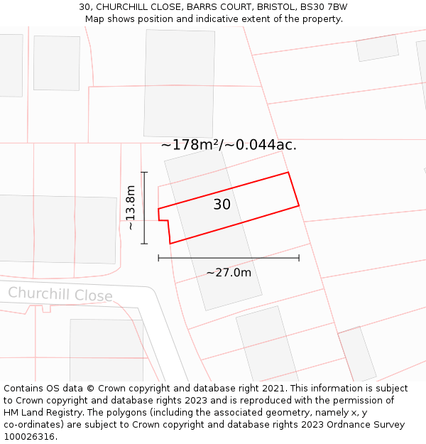 30, CHURCHILL CLOSE, BARRS COURT, BRISTOL, BS30 7BW: Plot and title map