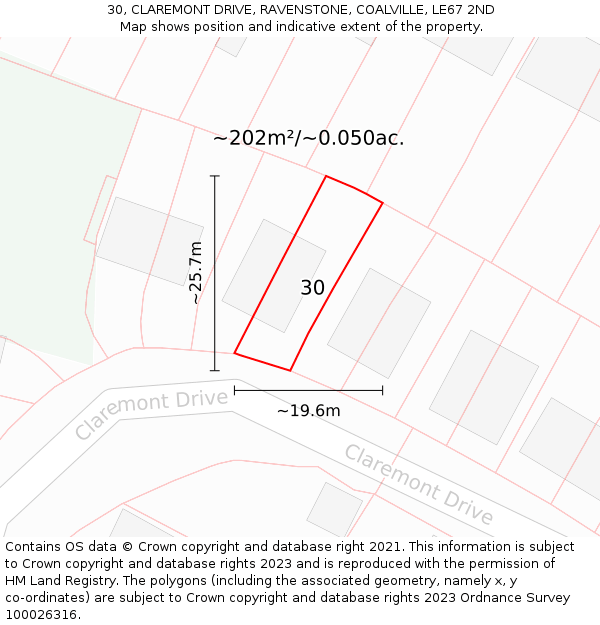 30, CLAREMONT DRIVE, RAVENSTONE, COALVILLE, LE67 2ND: Plot and title map