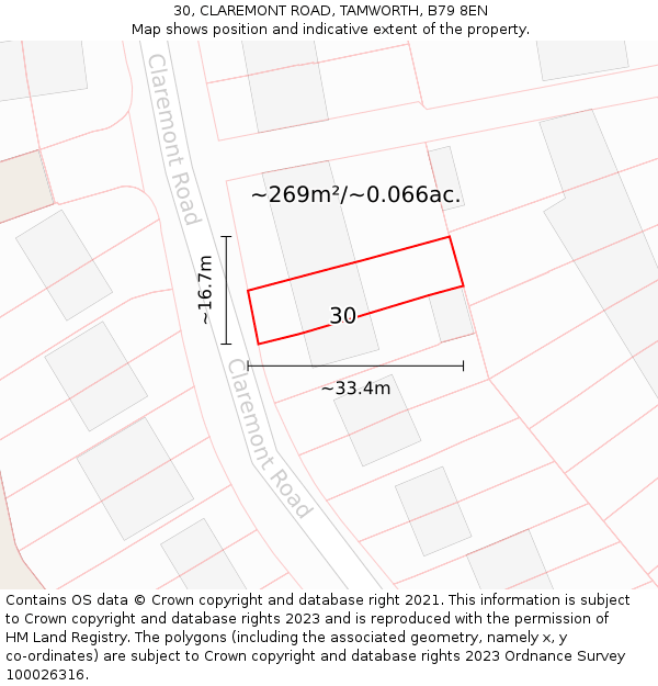 30, CLAREMONT ROAD, TAMWORTH, B79 8EN: Plot and title map