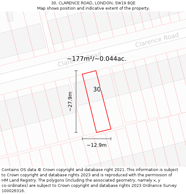 30, CLARENCE ROAD, LONDON, SW19 8QE: Plot and title map