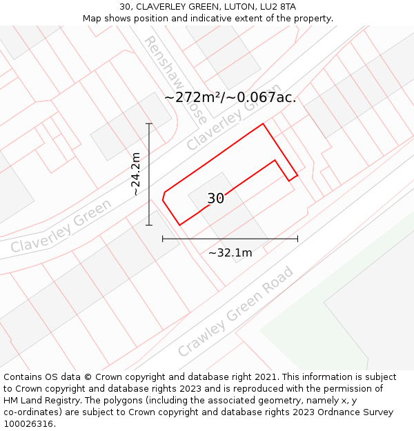 30, CLAVERLEY GREEN, LUTON, LU2 8TA: Plot and title map