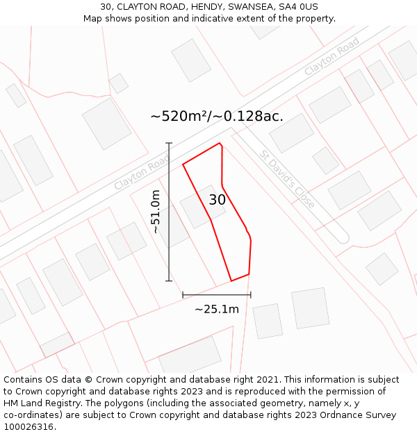 30, CLAYTON ROAD, HENDY, SWANSEA, SA4 0US: Plot and title map