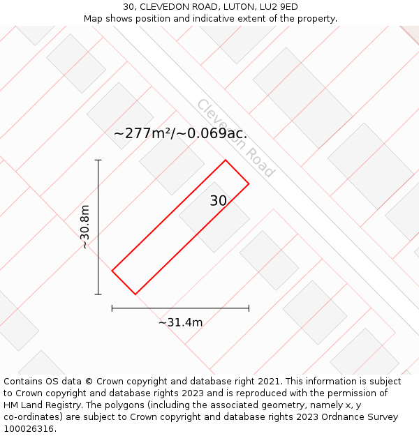 30, CLEVEDON ROAD, LUTON, LU2 9ED: Plot and title map