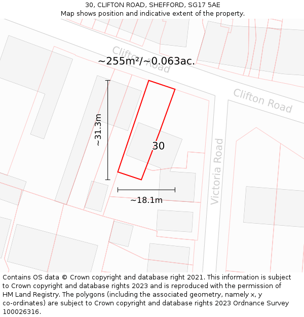 30, CLIFTON ROAD, SHEFFORD, SG17 5AE: Plot and title map