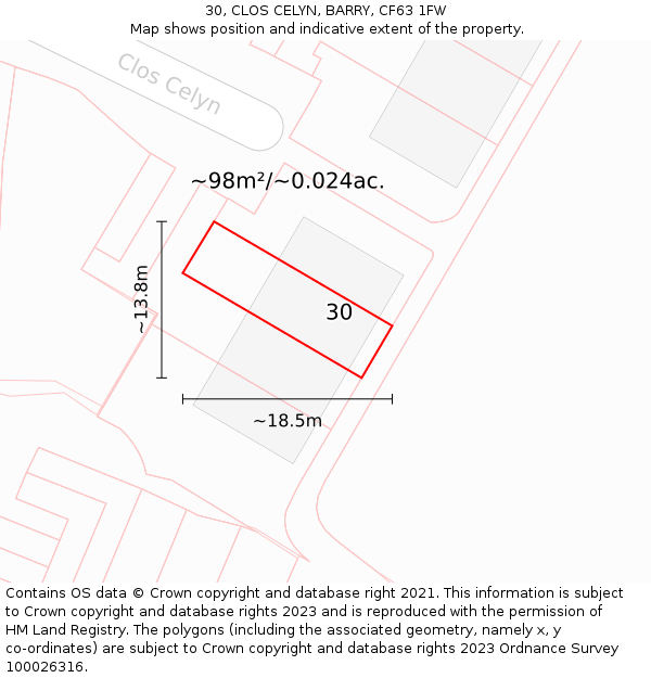 30, CLOS CELYN, BARRY, CF63 1FW: Plot and title map