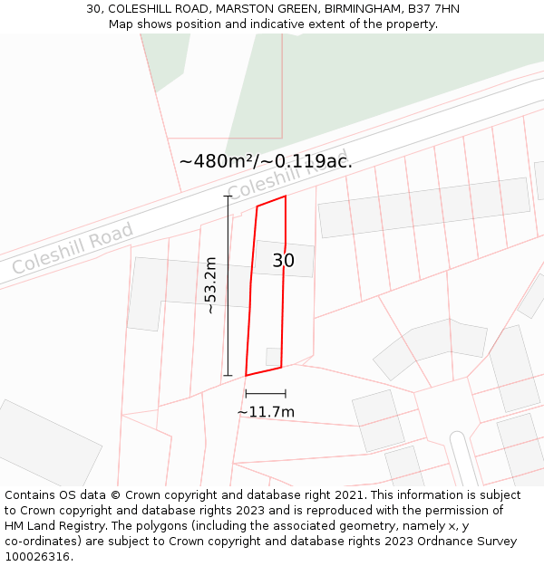 30, COLESHILL ROAD, MARSTON GREEN, BIRMINGHAM, B37 7HN: Plot and title map