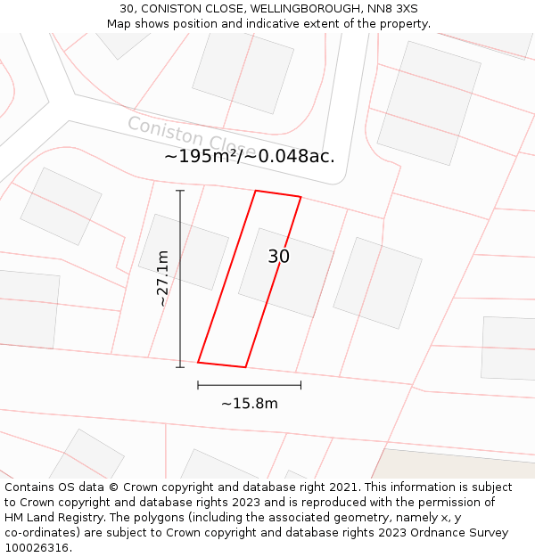 30, CONISTON CLOSE, WELLINGBOROUGH, NN8 3XS: Plot and title map