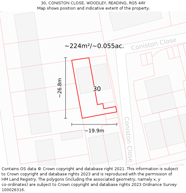 30, CONISTON CLOSE, WOODLEY, READING, RG5 4AY: Plot and title map