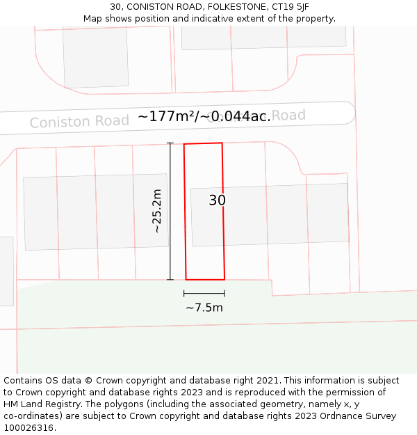 30, CONISTON ROAD, FOLKESTONE, CT19 5JF: Plot and title map