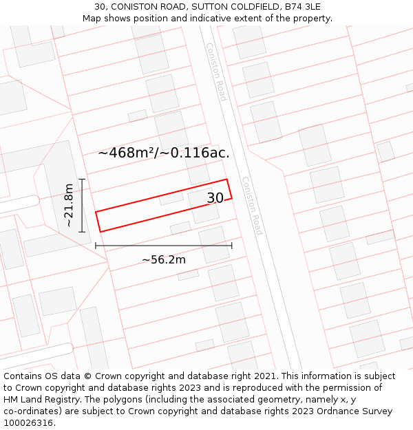 30, CONISTON ROAD, SUTTON COLDFIELD, B74 3LE: Plot and title map