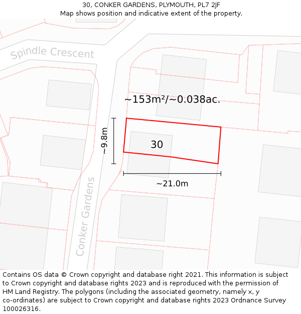 30, CONKER GARDENS, PLYMOUTH, PL7 2JF: Plot and title map