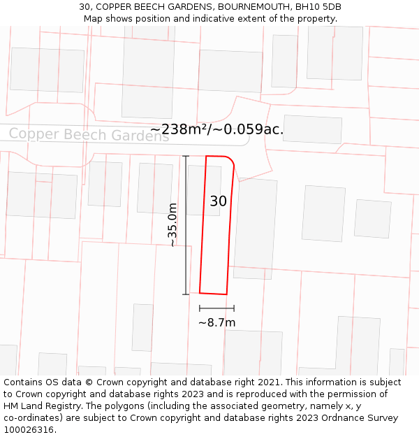 30, COPPER BEECH GARDENS, BOURNEMOUTH, BH10 5DB: Plot and title map