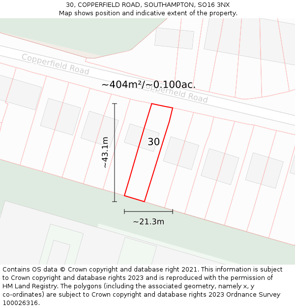 30, COPPERFIELD ROAD, SOUTHAMPTON, SO16 3NX: Plot and title map