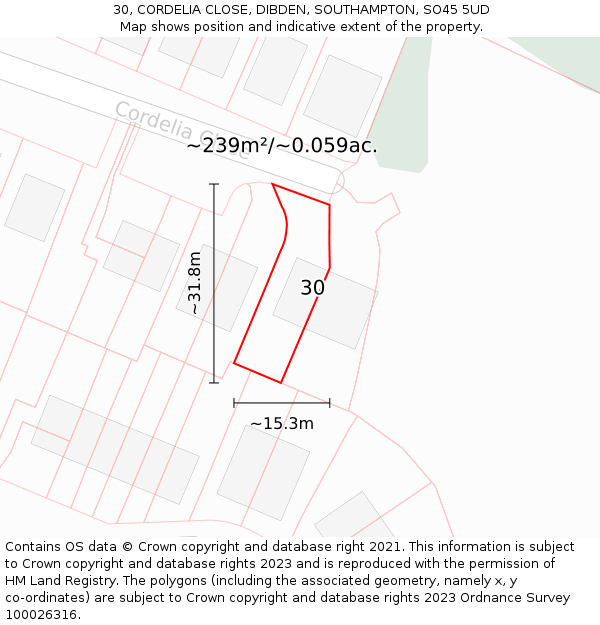 30, CORDELIA CLOSE, DIBDEN, SOUTHAMPTON, SO45 5UD: Plot and title map