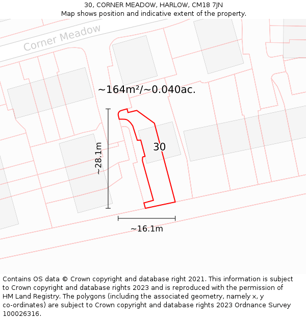 30, CORNER MEADOW, HARLOW, CM18 7JN: Plot and title map