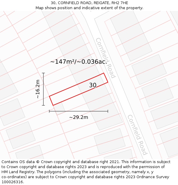 30, CORNFIELD ROAD, REIGATE, RH2 7HE: Plot and title map