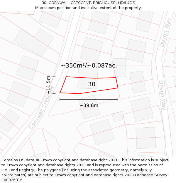 30, CORNWALL CRESCENT, BRIGHOUSE, HD6 4DS: Plot and title map