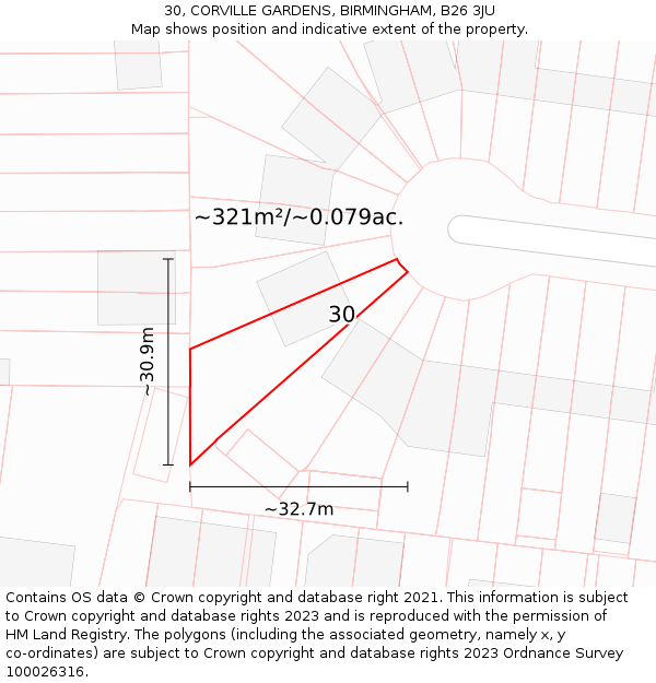 30, CORVILLE GARDENS, BIRMINGHAM, B26 3JU: Plot and title map