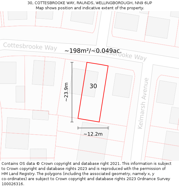 30, COTTESBROOKE WAY, RAUNDS, WELLINGBOROUGH, NN9 6UP: Plot and title map