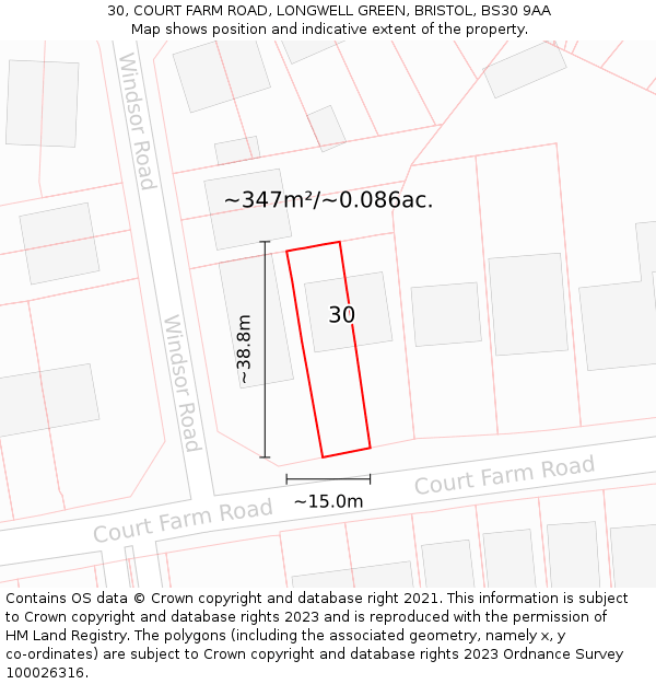 30, COURT FARM ROAD, LONGWELL GREEN, BRISTOL, BS30 9AA: Plot and title map