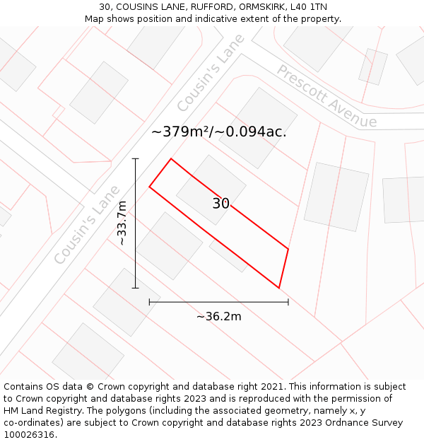 30, COUSINS LANE, RUFFORD, ORMSKIRK, L40 1TN: Plot and title map