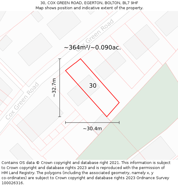 30, COX GREEN ROAD, EGERTON, BOLTON, BL7 9HF: Plot and title map