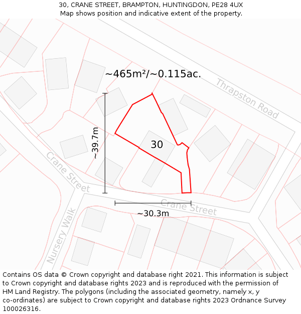 30, CRANE STREET, BRAMPTON, HUNTINGDON, PE28 4UX: Plot and title map