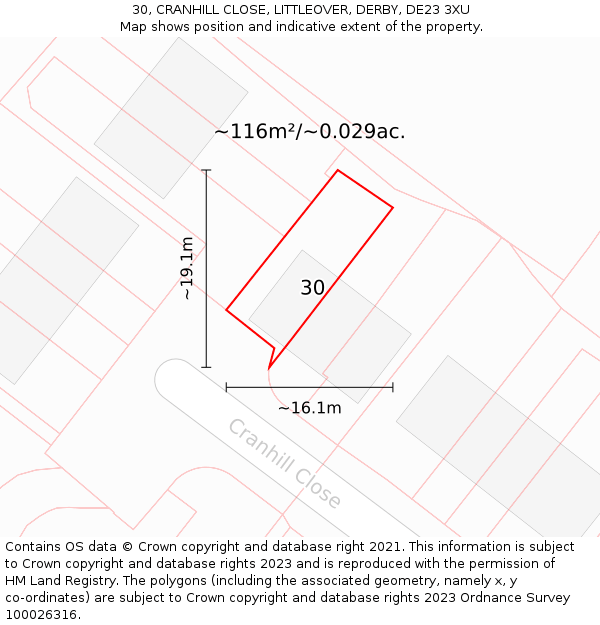 30, CRANHILL CLOSE, LITTLEOVER, DERBY, DE23 3XU: Plot and title map