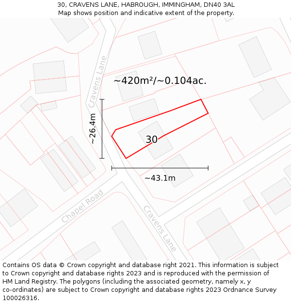 30, CRAVENS LANE, HABROUGH, IMMINGHAM, DN40 3AL: Plot and title map