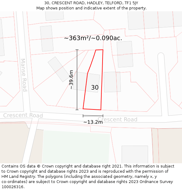 30, CRESCENT ROAD, HADLEY, TELFORD, TF1 5JY: Plot and title map