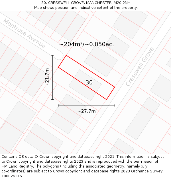 30, CRESSWELL GROVE, MANCHESTER, M20 2NH: Plot and title map