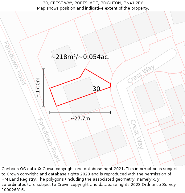 30, CREST WAY, PORTSLADE, BRIGHTON, BN41 2EY: Plot and title map