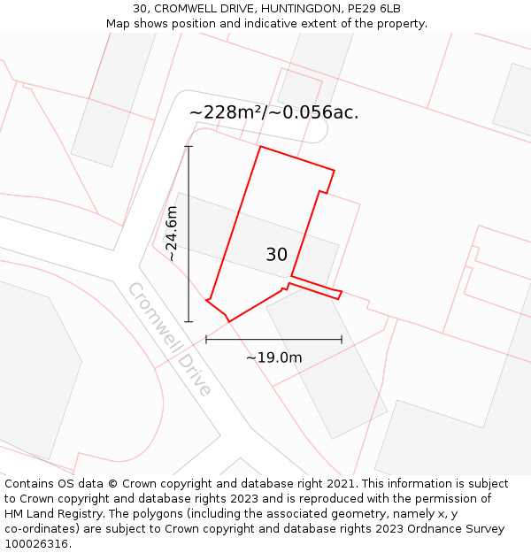 30, CROMWELL DRIVE, HUNTINGDON, PE29 6LB: Plot and title map