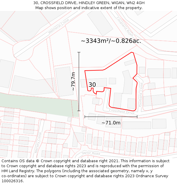 30, CROSSFIELD DRIVE, HINDLEY GREEN, WIGAN, WN2 4GH: Plot and title map