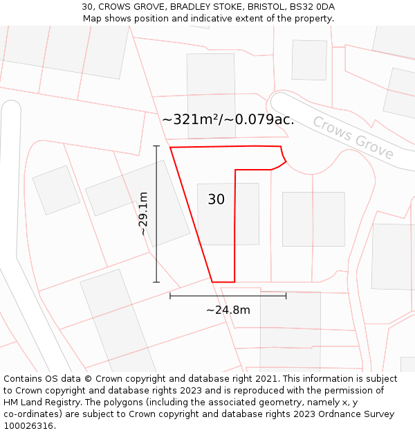 30, CROWS GROVE, BRADLEY STOKE, BRISTOL, BS32 0DA: Plot and title map
