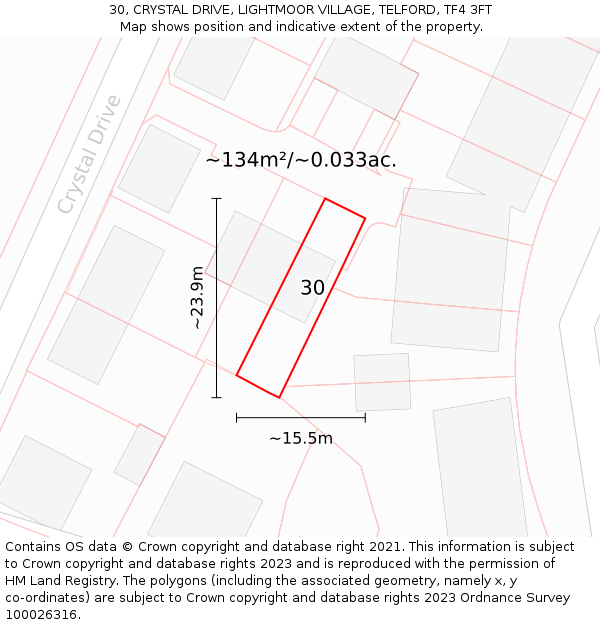 30, CRYSTAL DRIVE, LIGHTMOOR VILLAGE, TELFORD, TF4 3FT: Plot and title map