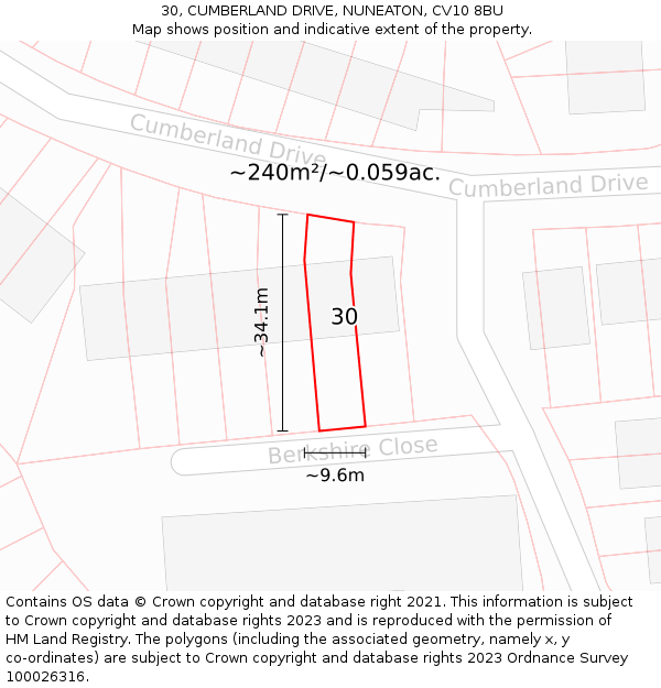 30, CUMBERLAND DRIVE, NUNEATON, CV10 8BU: Plot and title map