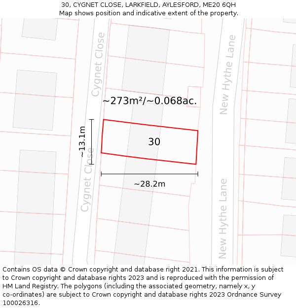 30, CYGNET CLOSE, LARKFIELD, AYLESFORD, ME20 6QH: Plot and title map