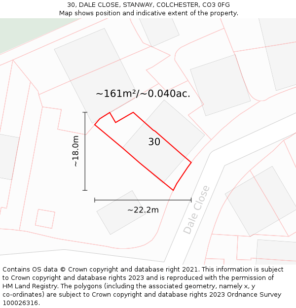 30, DALE CLOSE, STANWAY, COLCHESTER, CO3 0FG: Plot and title map