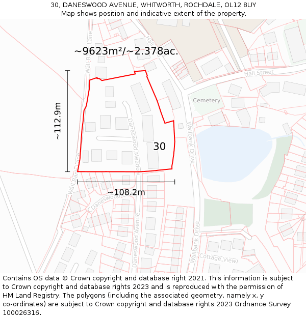 30, DANESWOOD AVENUE, WHITWORTH, ROCHDALE, OL12 8UY: Plot and title map